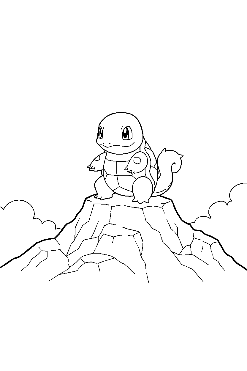 wartortle pokemon sitting peacefully on a rocky mountain line art