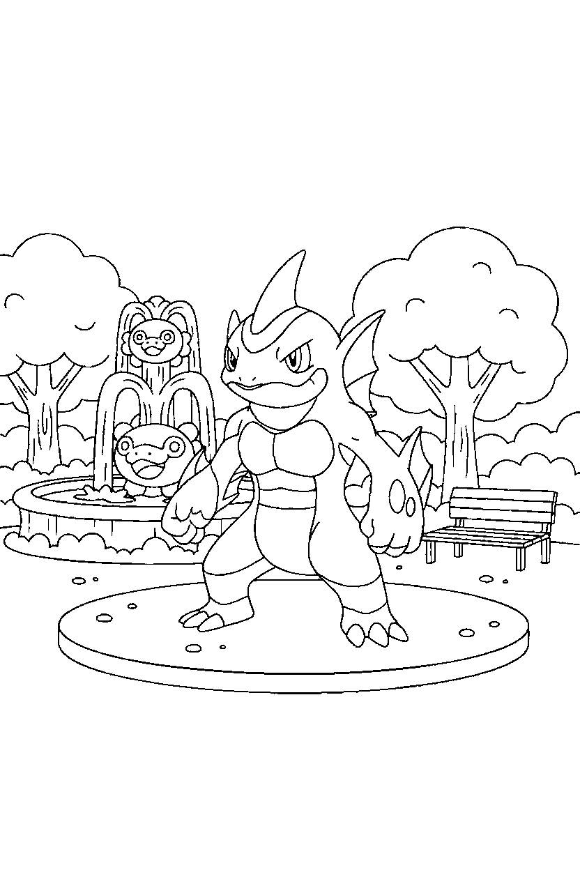 water pokemon standing bravely in a pokemon park line art