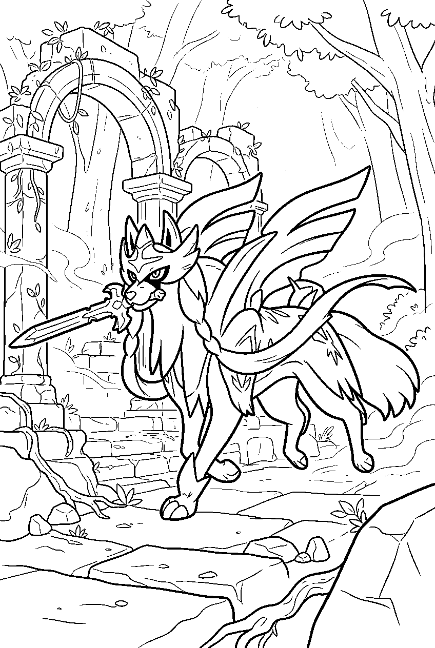 zacian running through ruins in a misty forest line art
