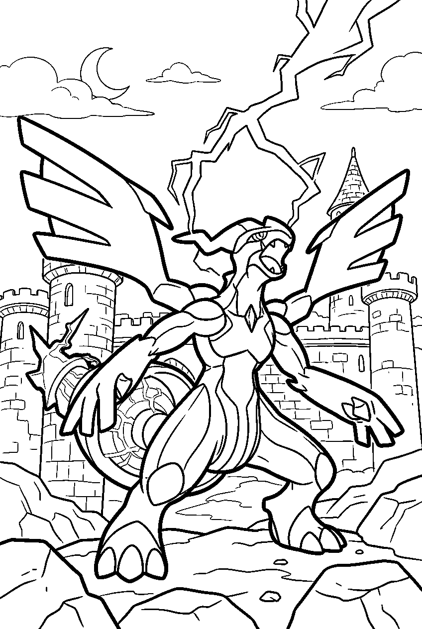 zekrom charging lightning outside a stone castle line art