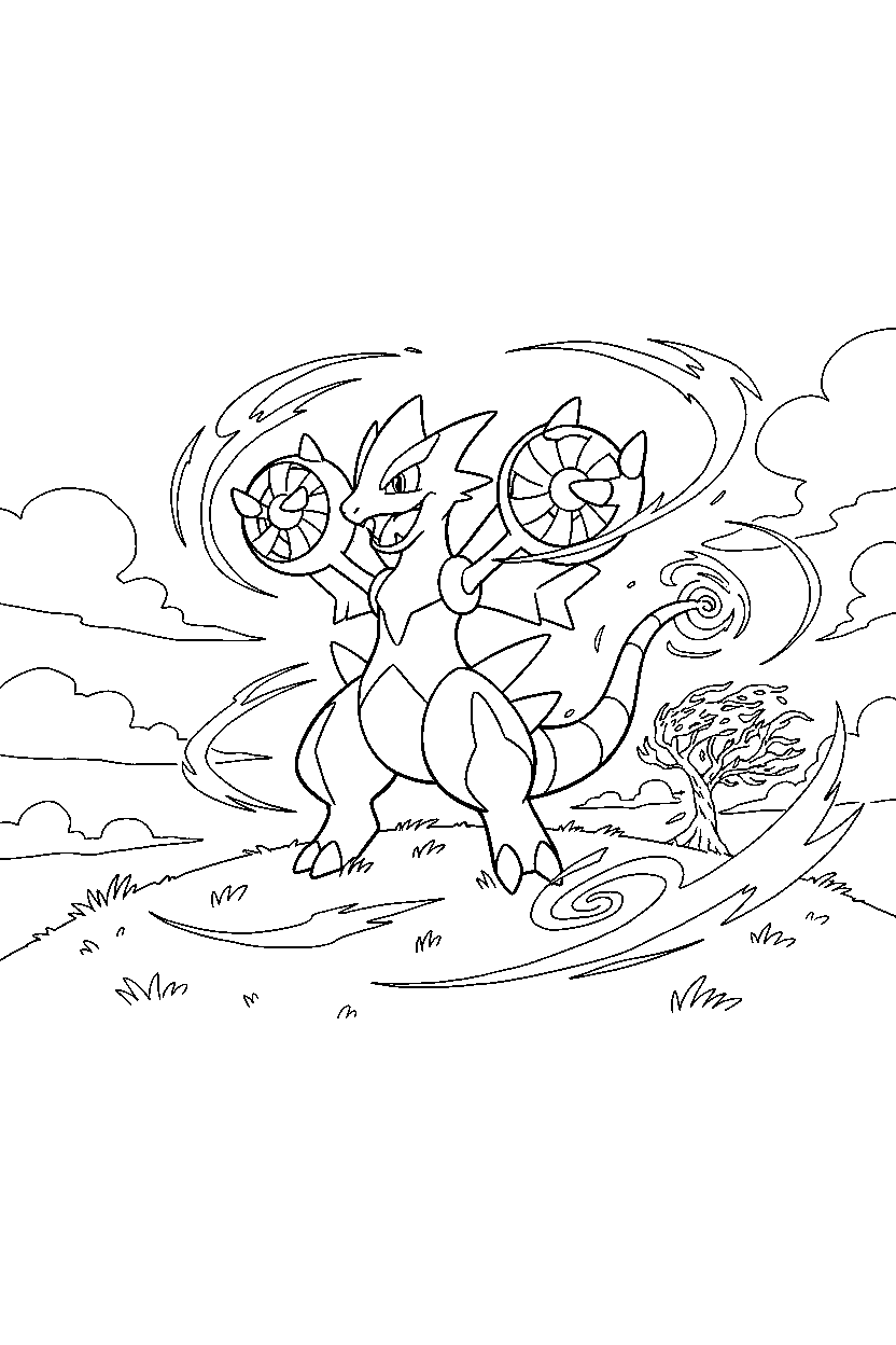 zekrom pokemon celebrating happily in a windy hill line art