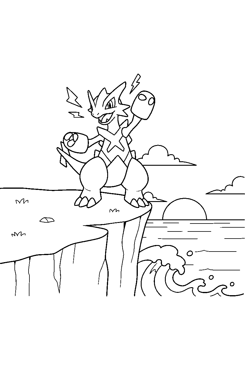 zekrom pokemon cheering happily near a seaside cliff line art