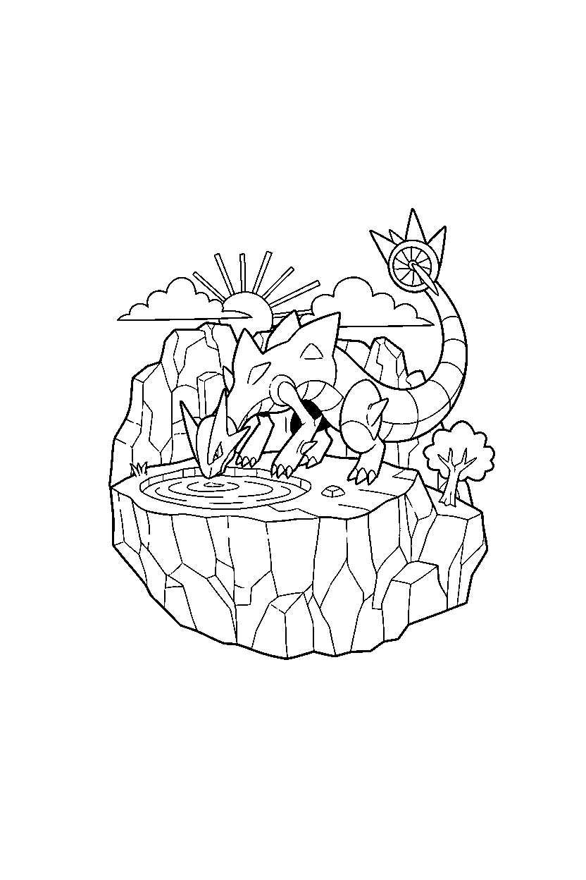 zekrom pokemon drinking water on a rocky mountain line art