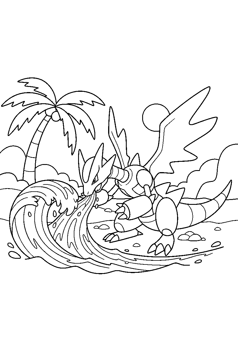 zekrom pokemon drinking water on a sunny beach line art