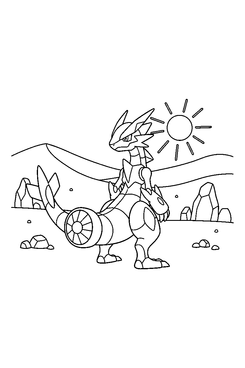 zekrom pokemon looking around in a desert line art