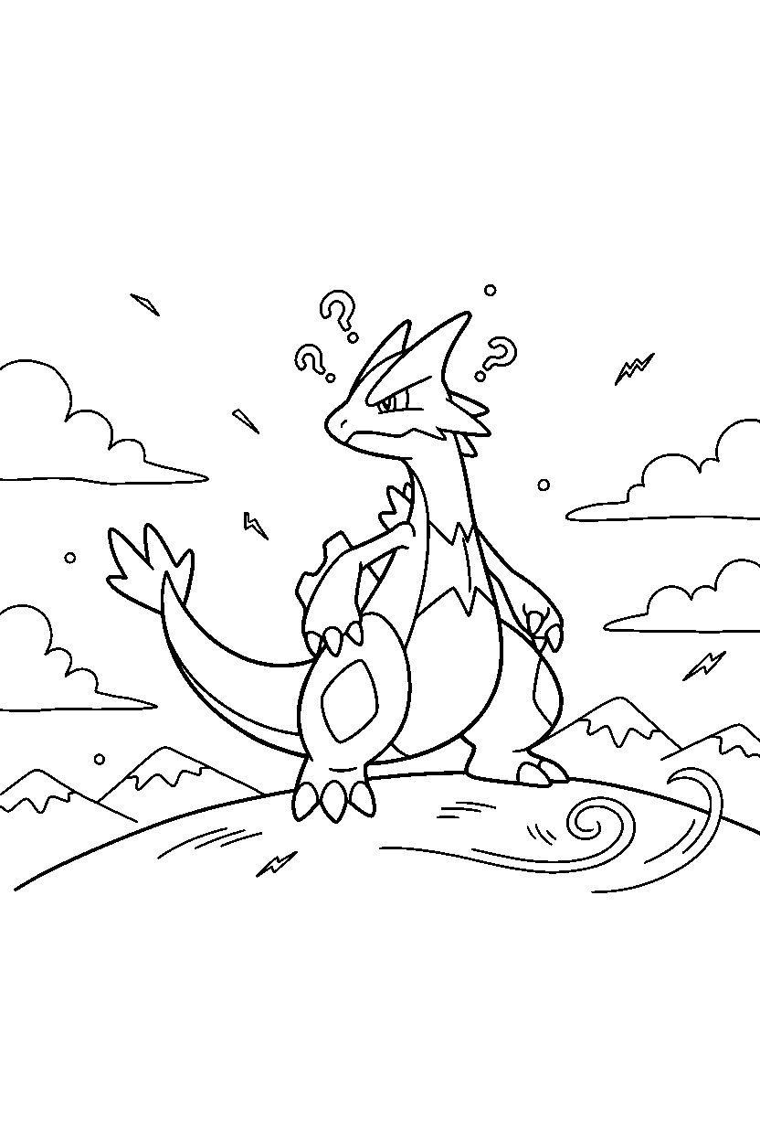 zekrom pokemon looking curious in a windy hill line art