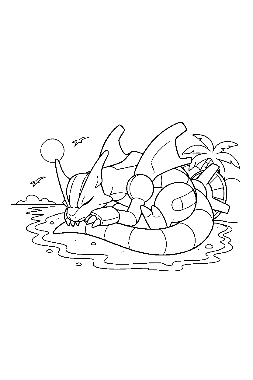 zekrom pokemon sleeping peacefully on a sunny beach line art