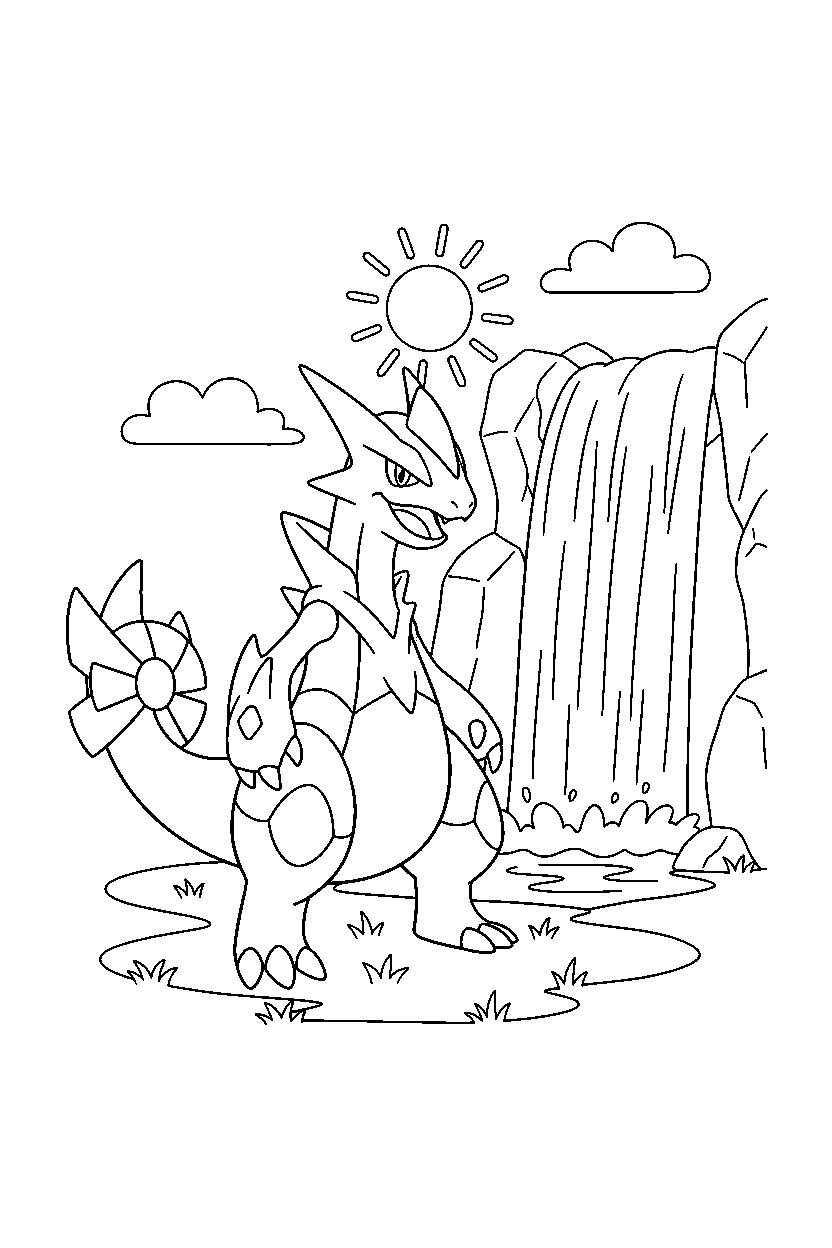 zekrom pokemon smiling happily near a waterfall line art