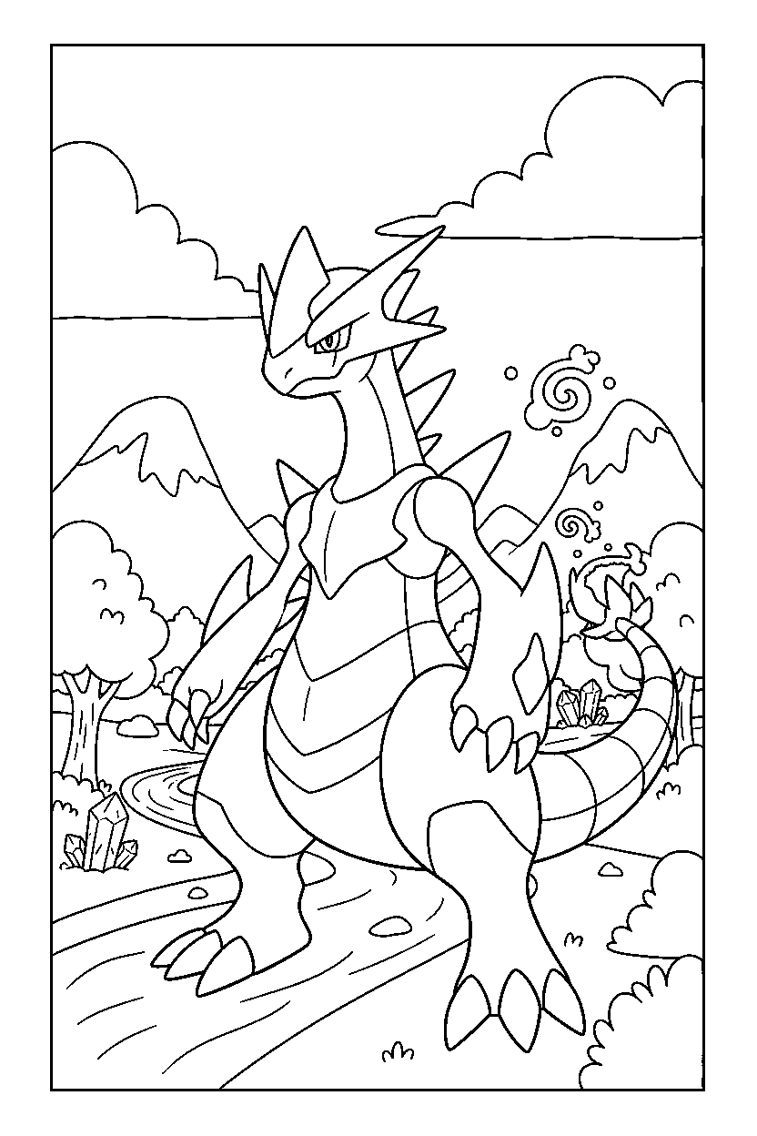 zekrom pokemon standing proudly in a magical valley line art