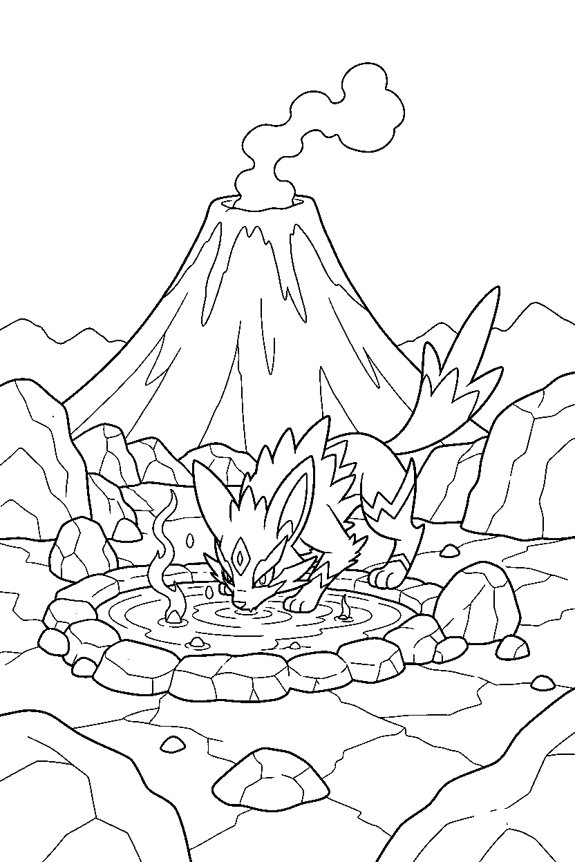 zeraora pokemon drinking water in a volcano area line art