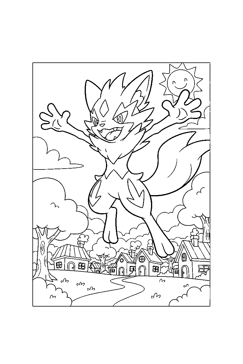 zeraora pokemon jumping happily in a peaceful village line art