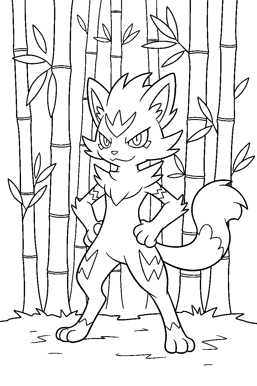 zeraora pokemon standing proudly in a bamboo forest line art