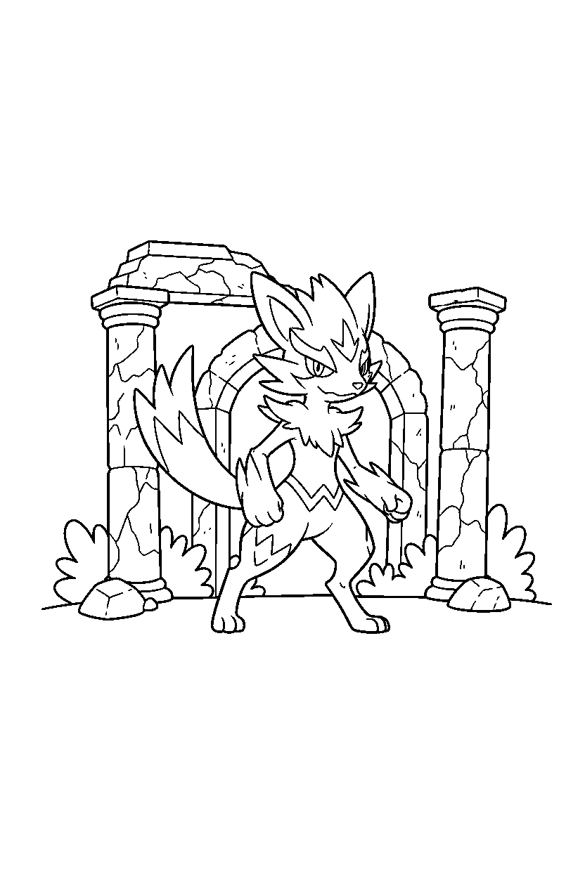 zeraora pokemon walking proudly near ancient ruins line art