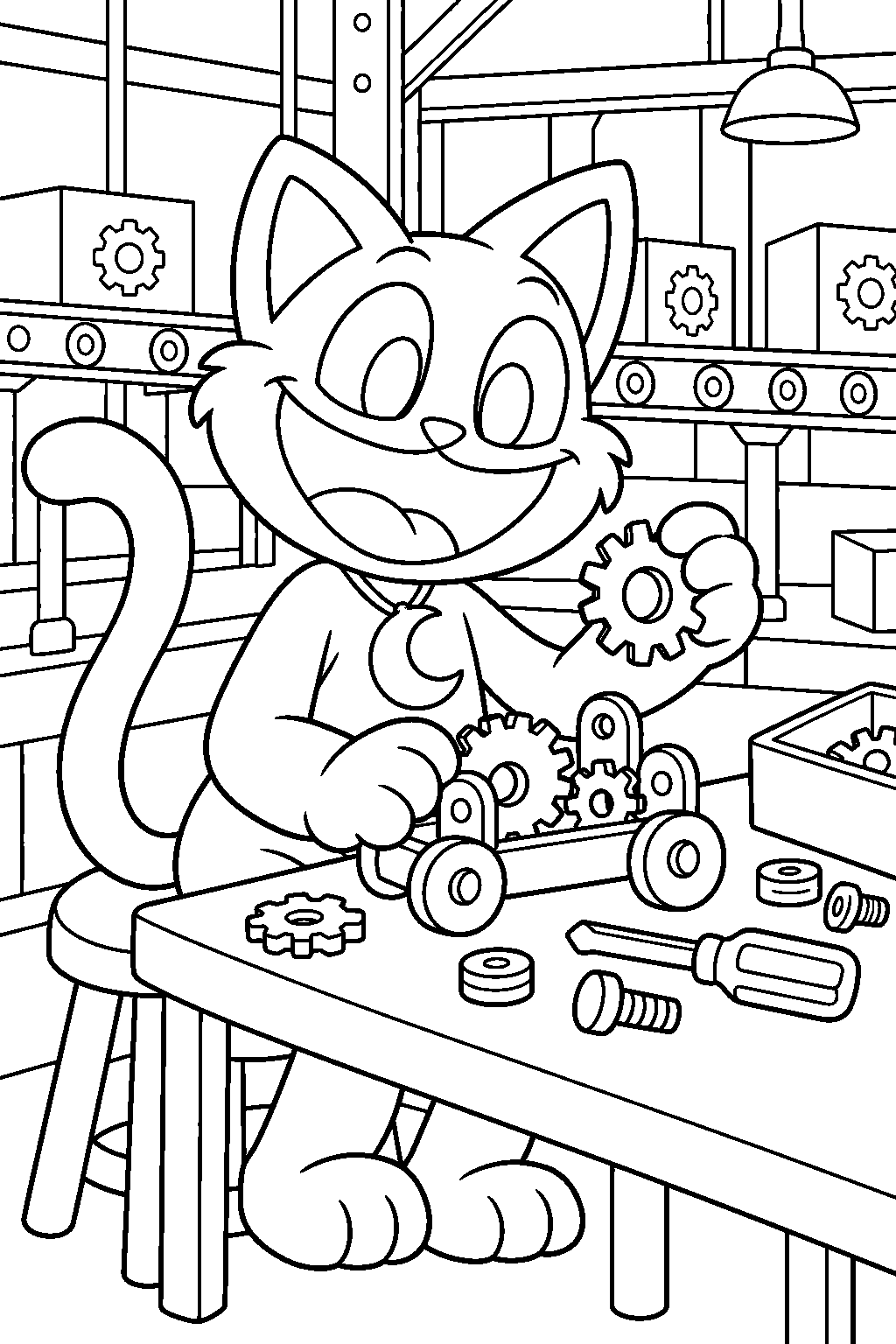 poppy playtime catnap assembling a toy with gears at a factory workbench line art