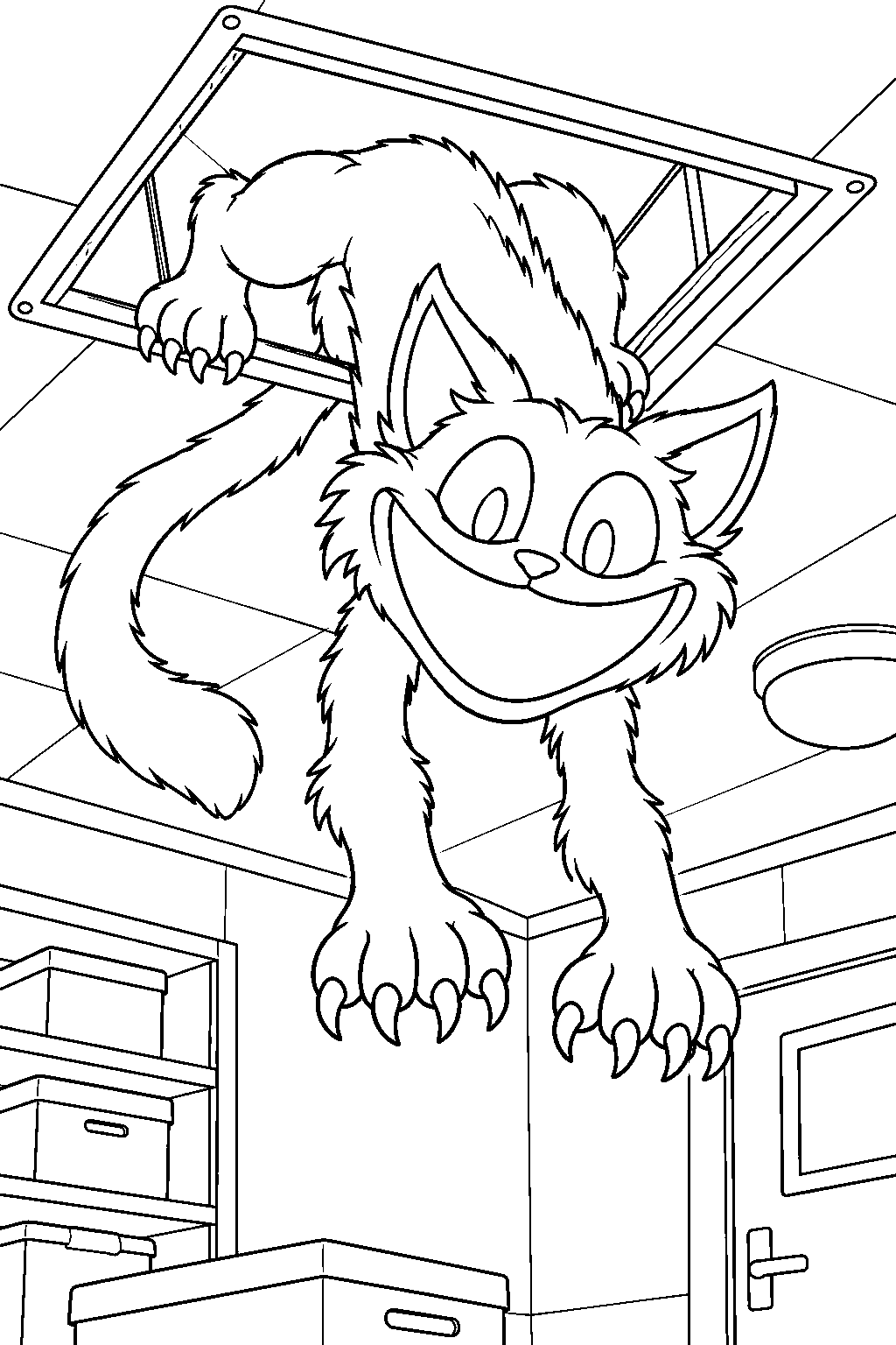 poppy playtime catnap bursting through the safe room ceiling hatch line art
