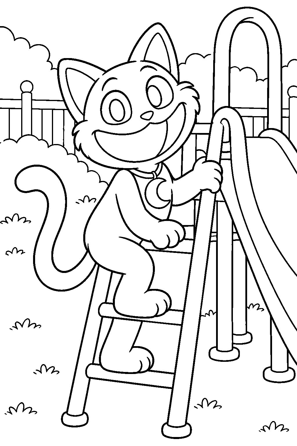 poppy playtime catnap climbing a slide at the playcare playground line art