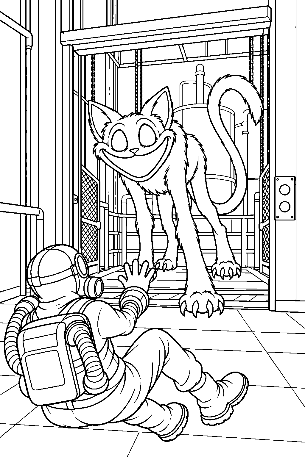 poppy playtime catnap confronting the player at the gas production elevator line art