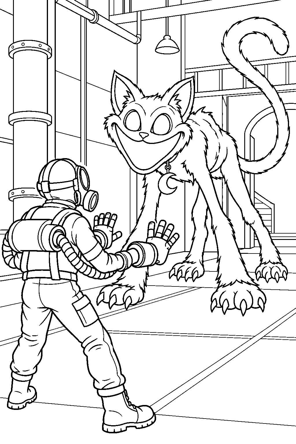 poppy playtime catnap facing a player wearing a gas mask line art