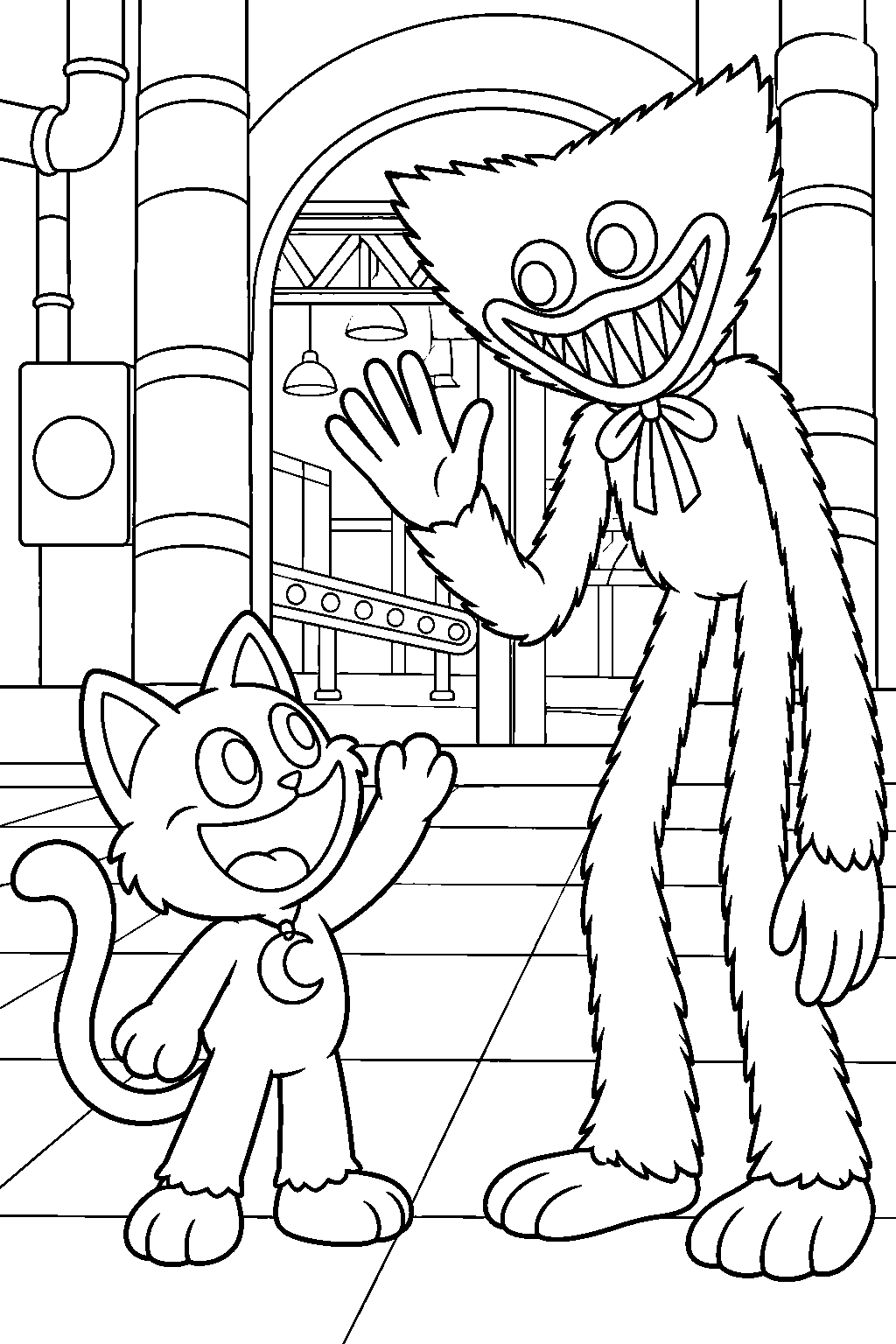 poppy playtime catnap greeting huggy wuggy at the toy factory line art