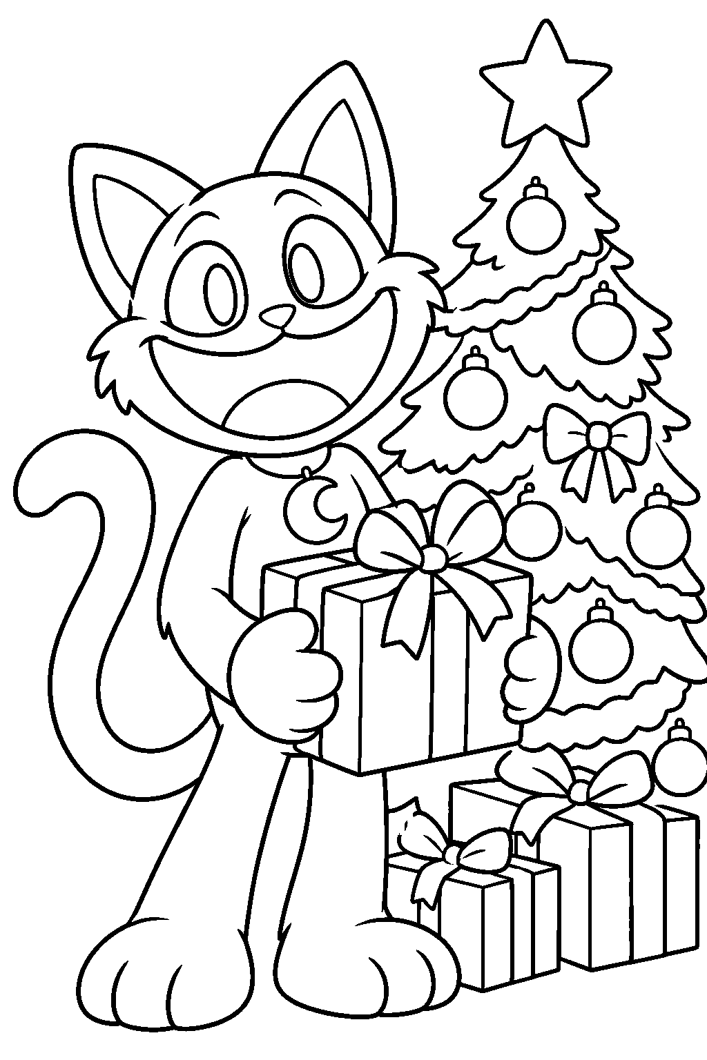poppy playtime catnap holding a gift beside a christmas tree line art