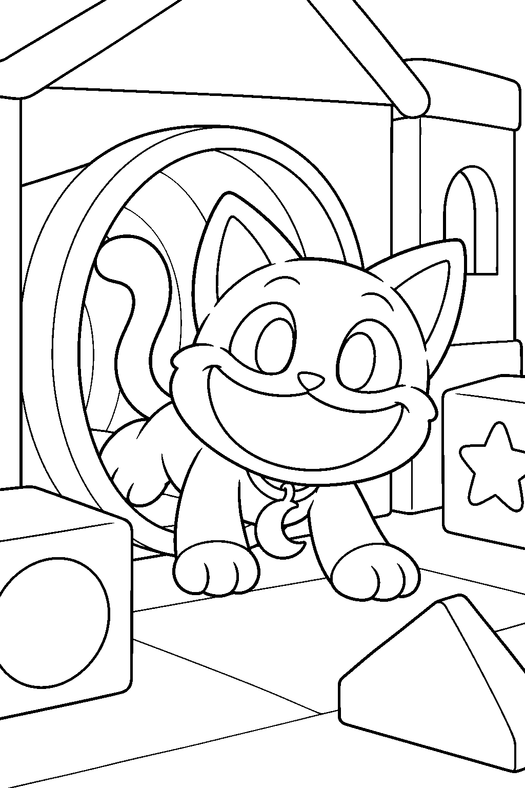poppy playtime catnap in miniature plush form emerging from a playhouse tunnel line art