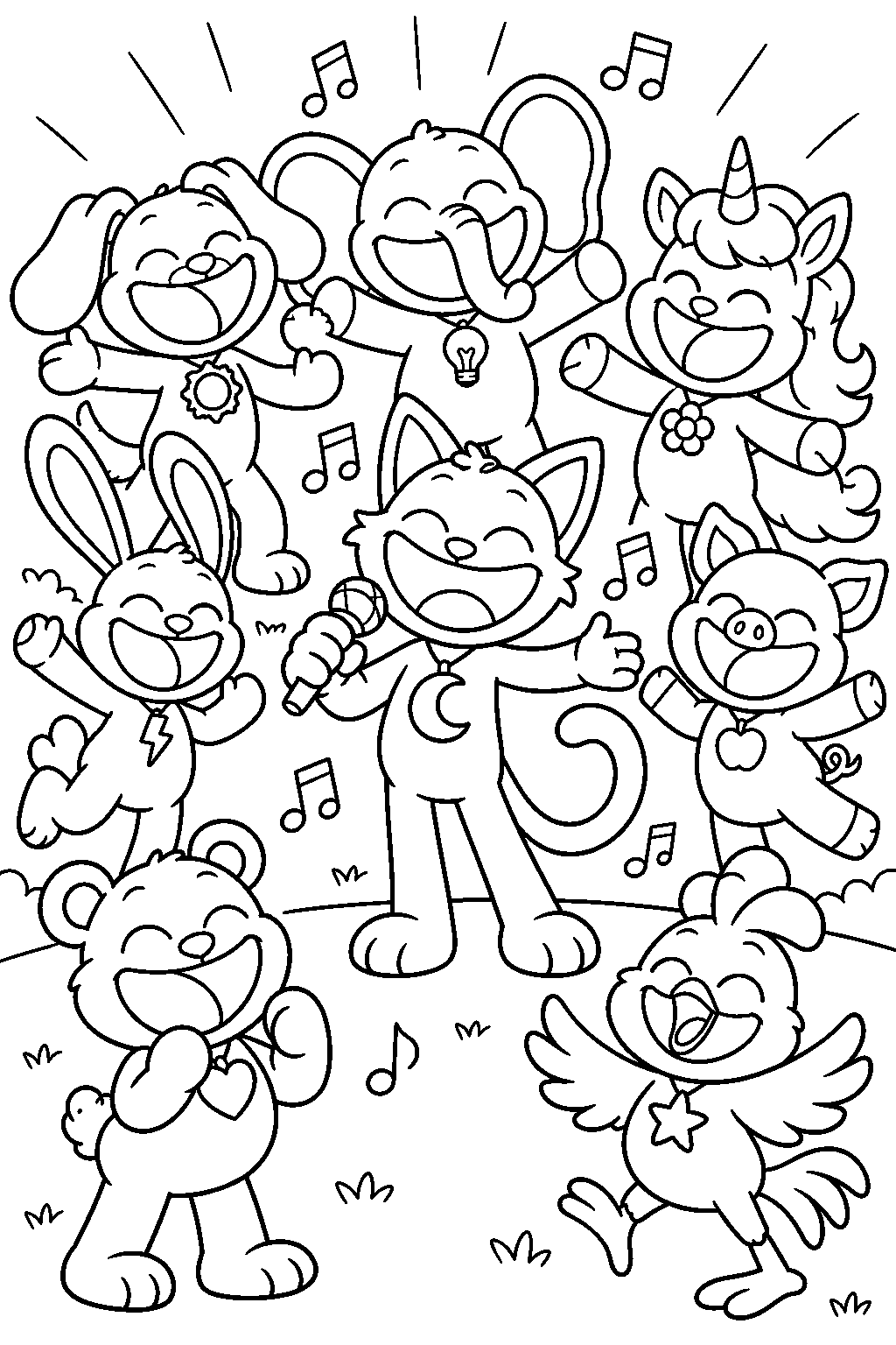 poppy playtime catnap joining a smiling critters cartoon singalong line art