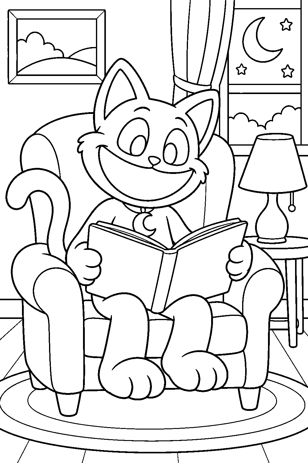 poppy playtime catnap reading a bedtime story in an armchair line art