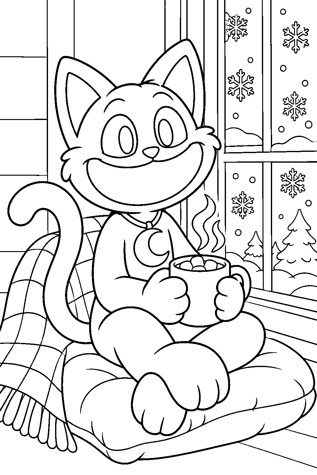 poppy playtime catnap sipping hot cocoa beside a frosty window line art