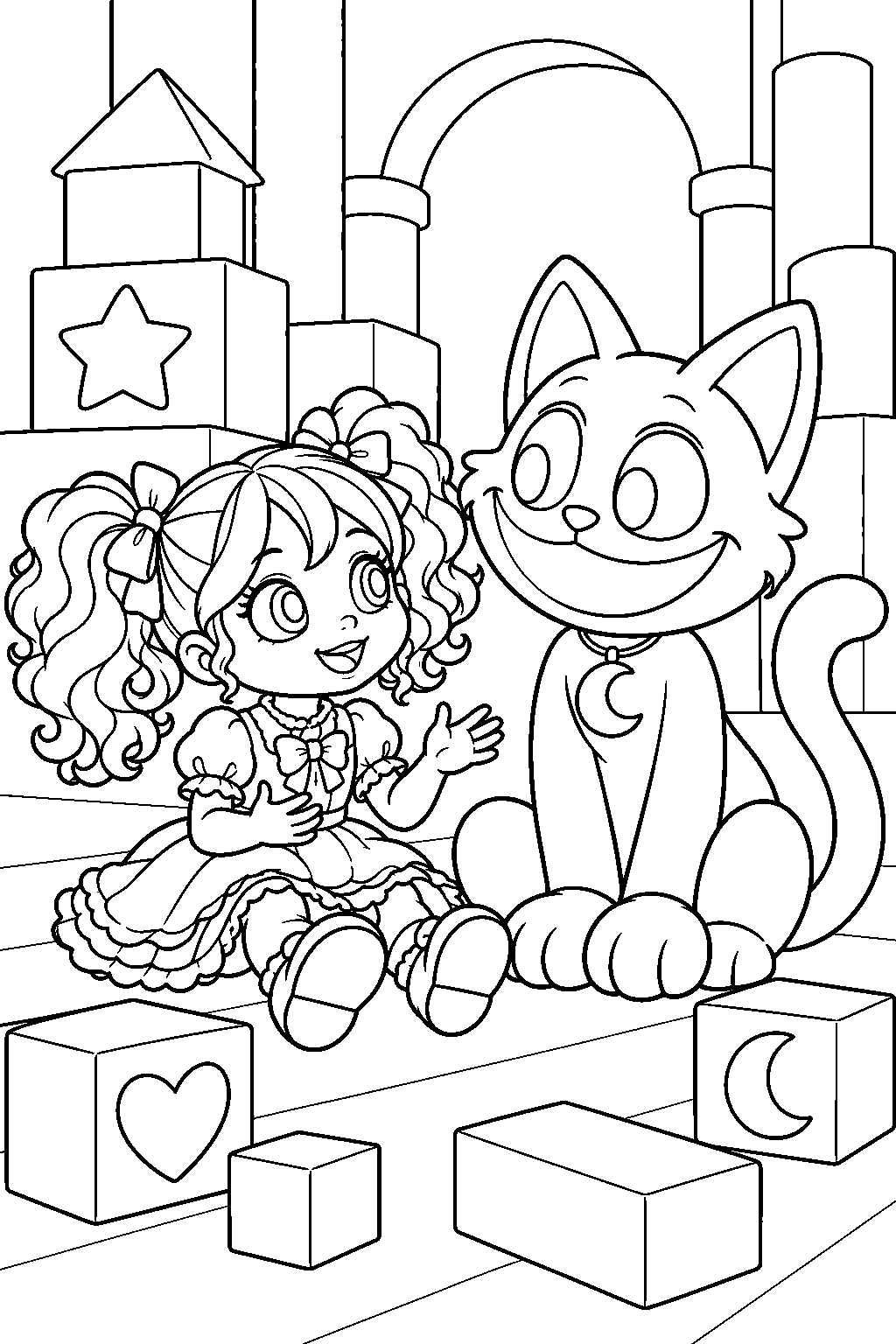 poppy playtime catnap sitting beside poppy among playcare toy blocks line art