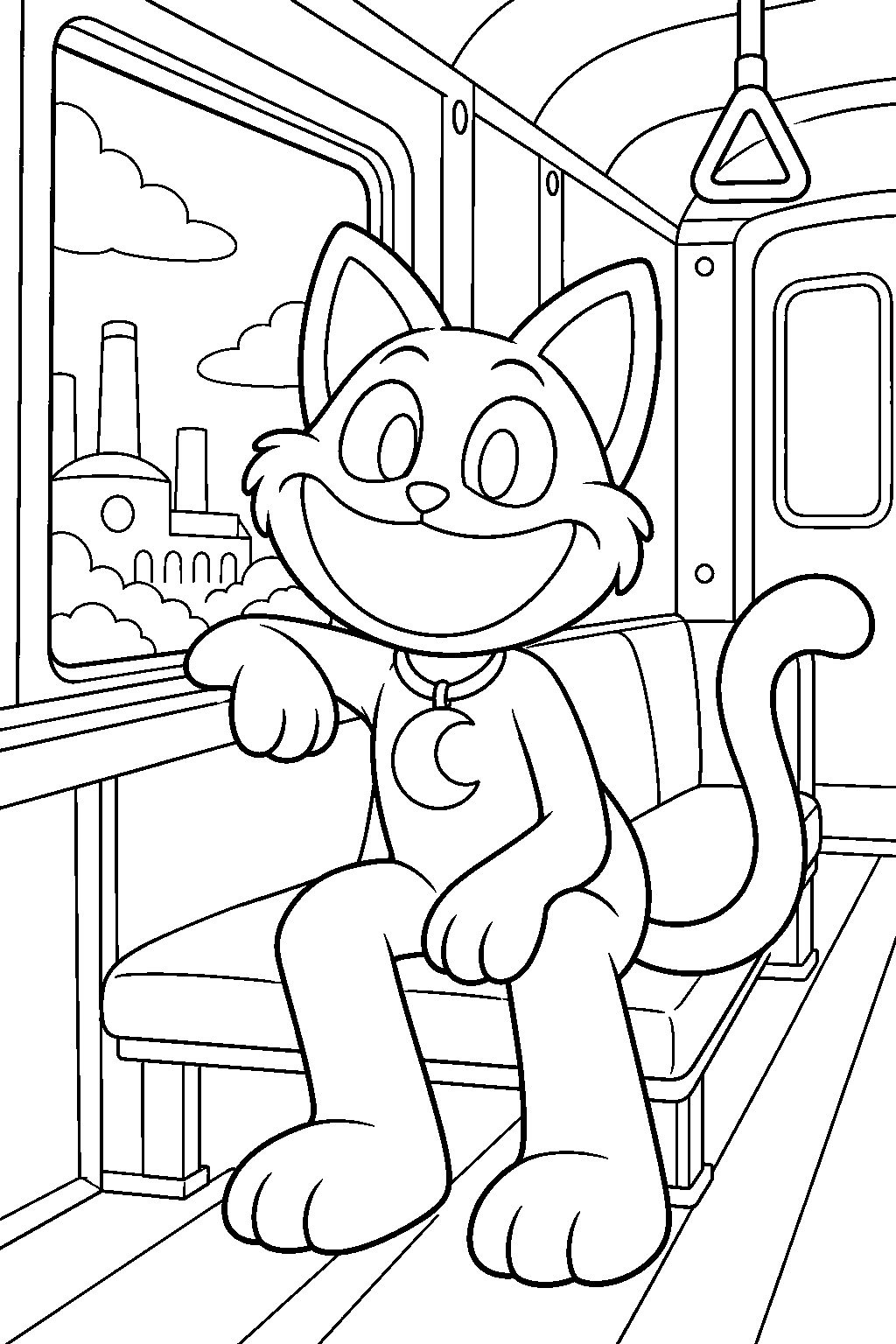 poppy playtime catnap sitting inside a playcare train carriage line art