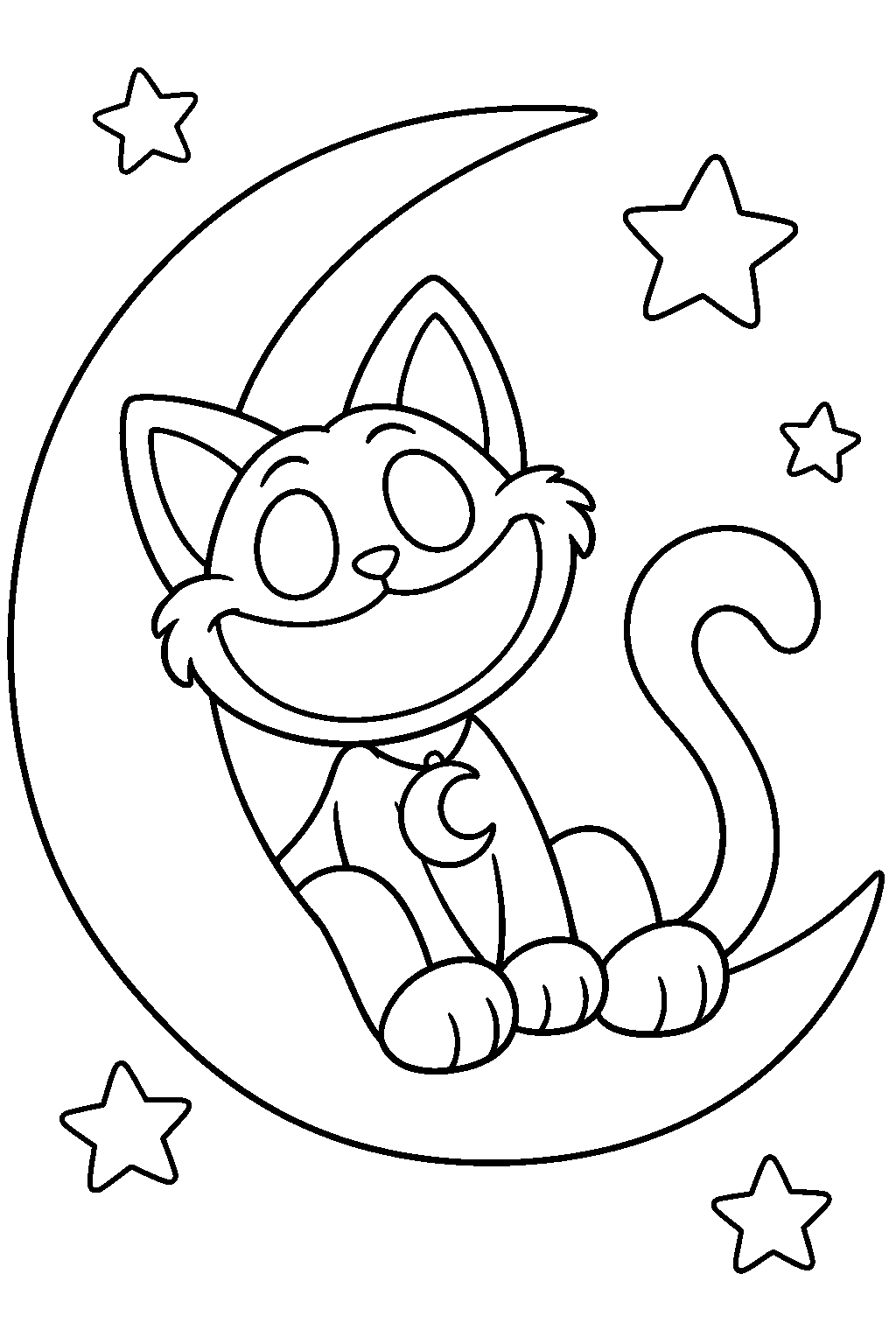 poppy playtime catnap sitting on a crescent moon among stars line art