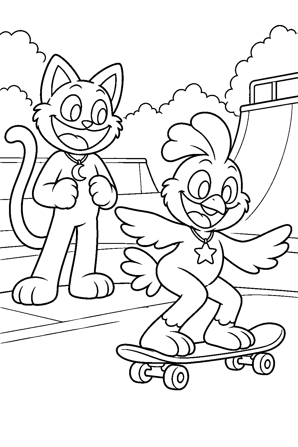 poppy playtime catnap watching kickinchicken practice on a skateboard line art