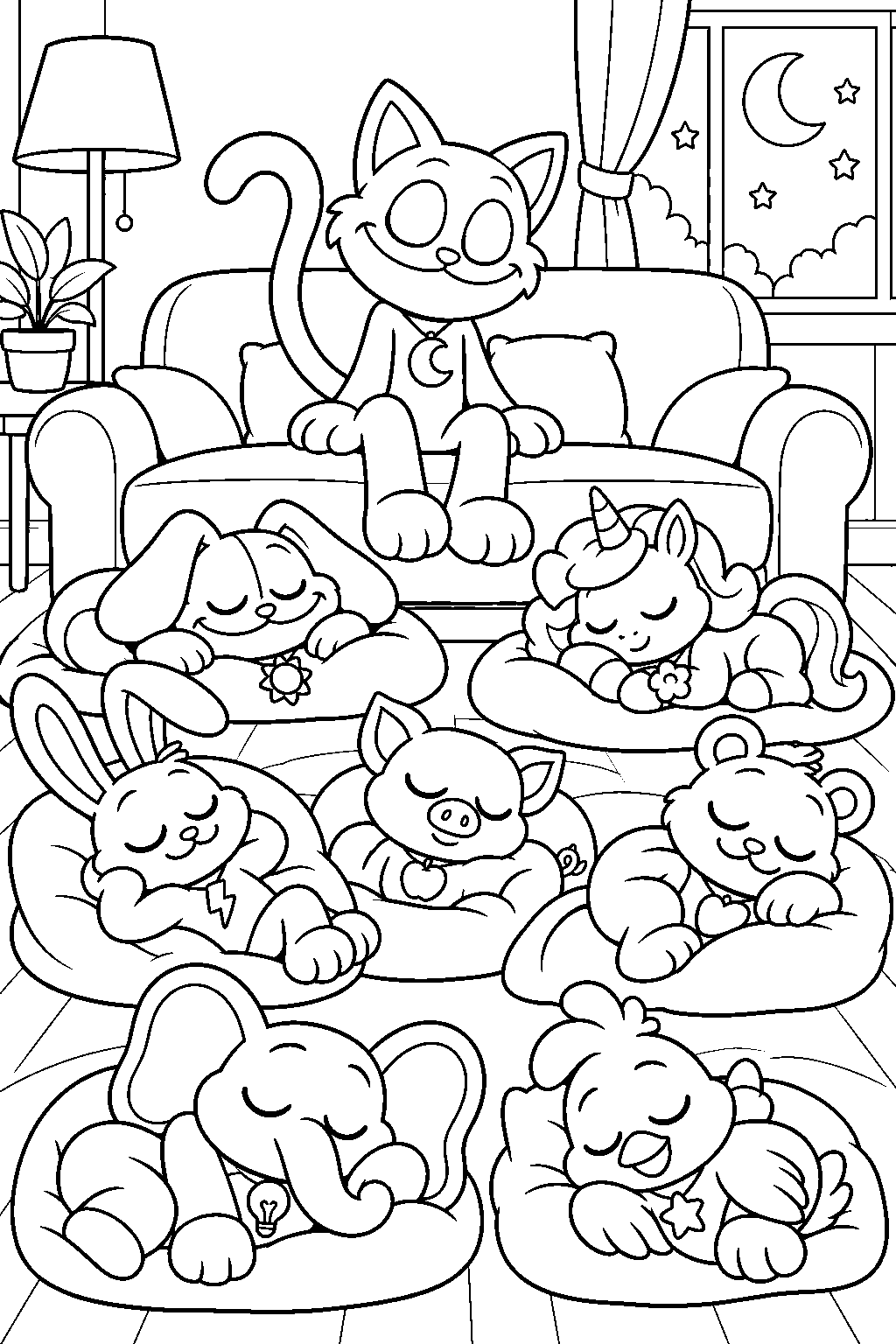 poppy playtime catnap watching over the sleeping smiling critters line art