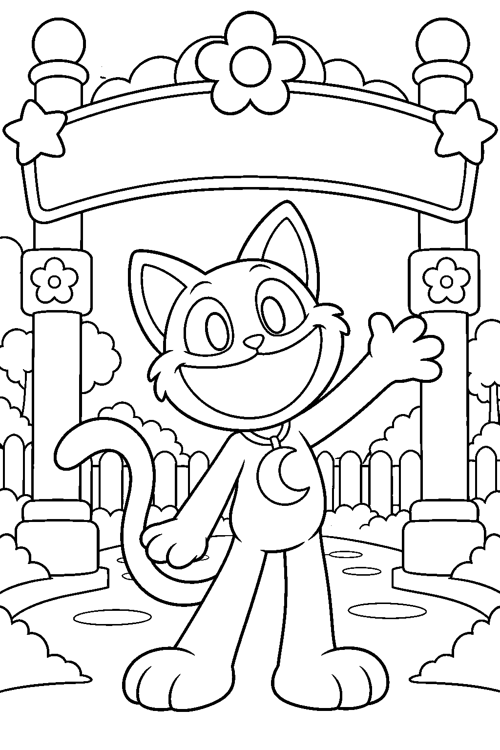 poppy playtime catnap welcoming visitors beneath the playcare sign line art