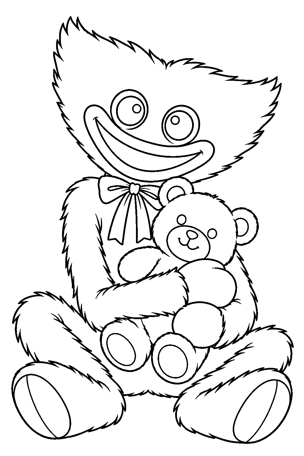 cute huggy wuggy cuddling a teddy bear line art