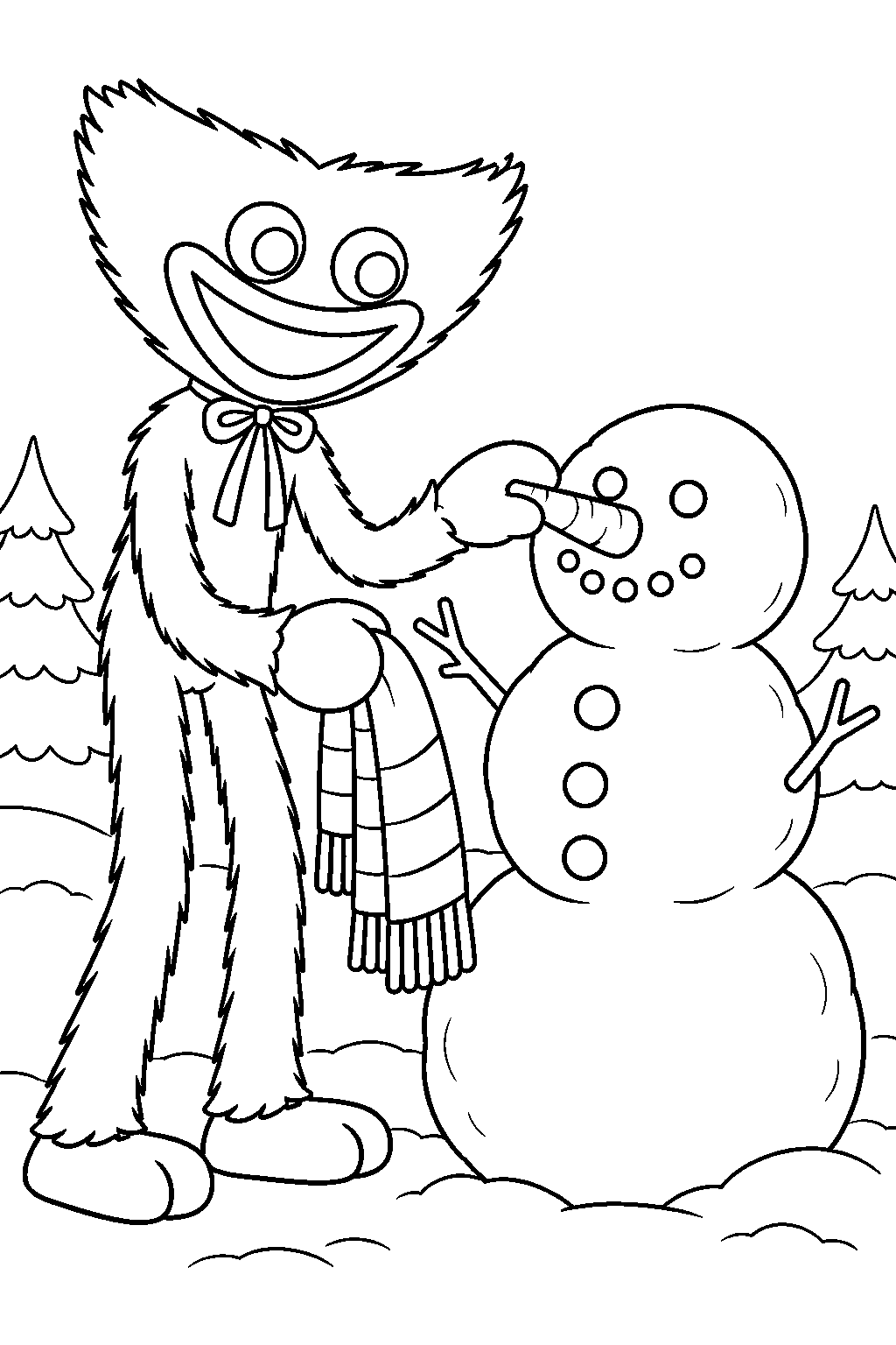 huggy wuggy adding a carrot nose to a snowman line art
