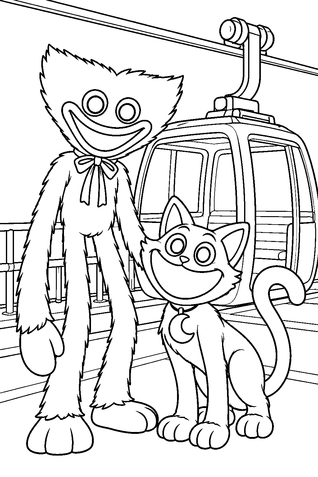 huggy wuggy and catnap beside the playcare cable car line art