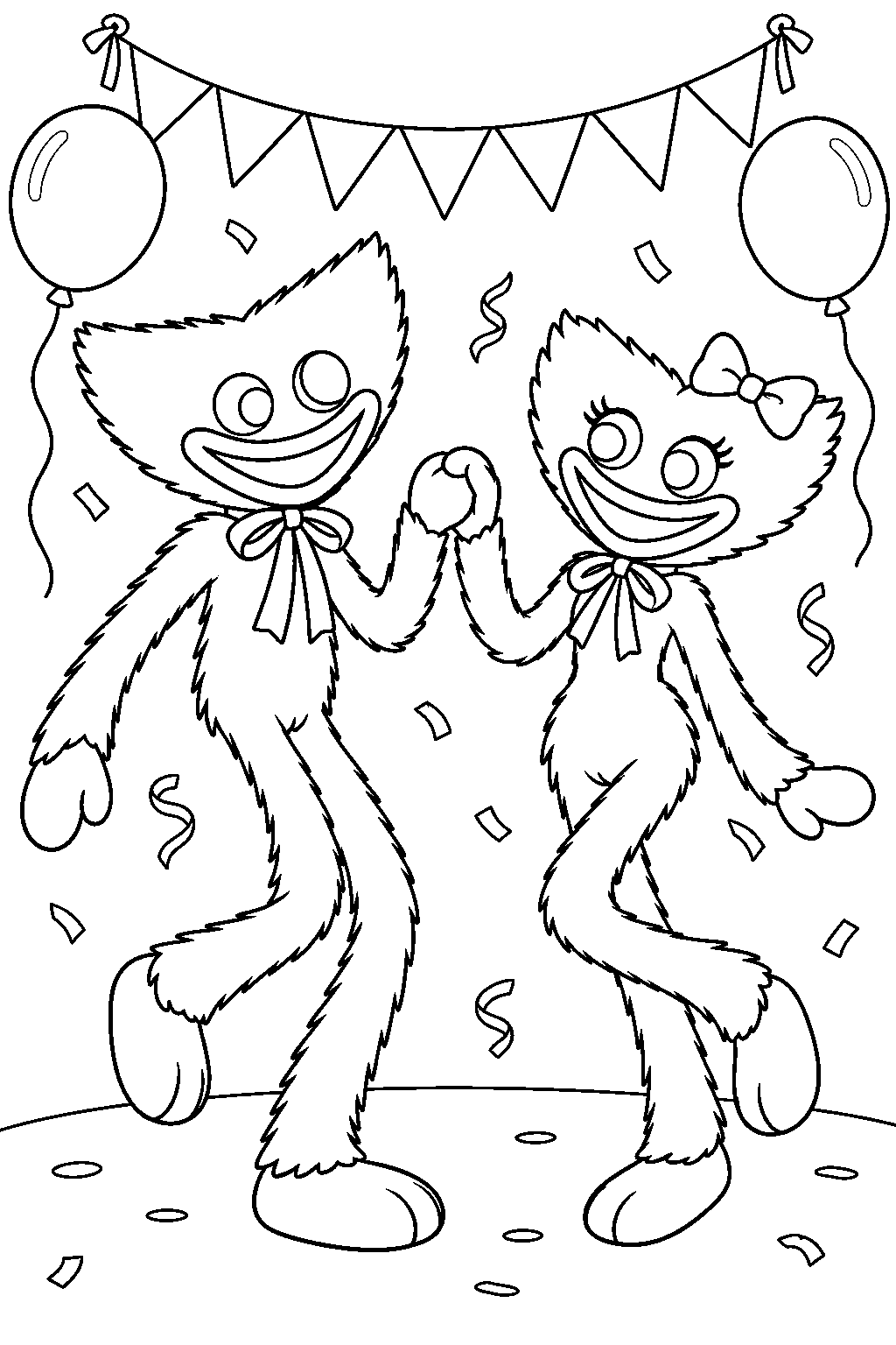 huggy wuggy and kissy missy dancing at a birthday party line art