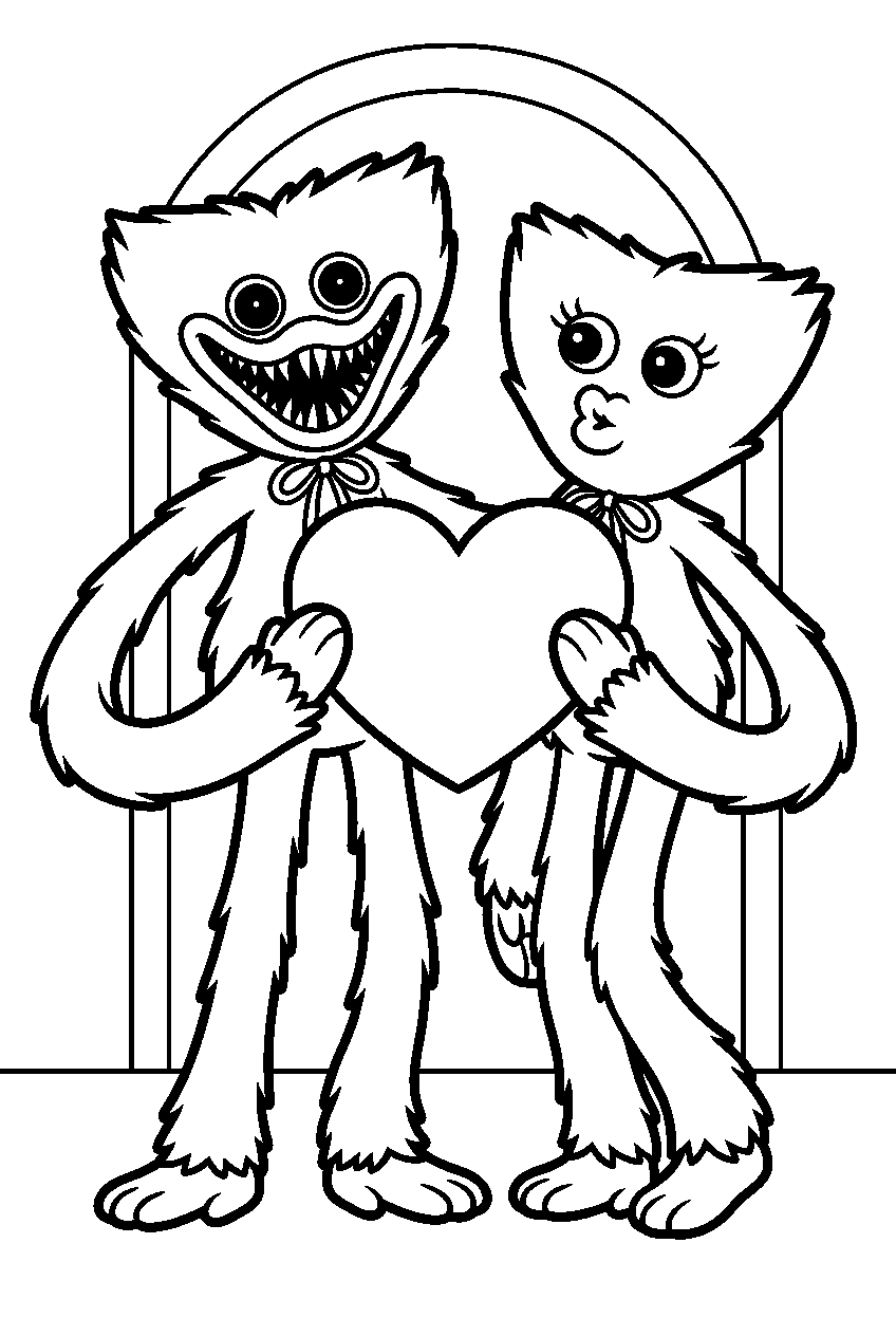 huggy wuggy and kissy missy holding a heart together line art