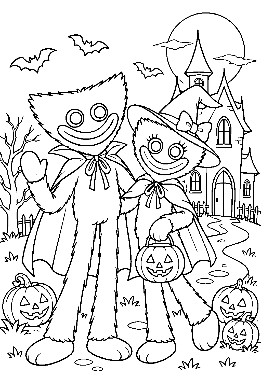 huggy wuggy and kissy missy in halloween costumes beside a haunted house line art