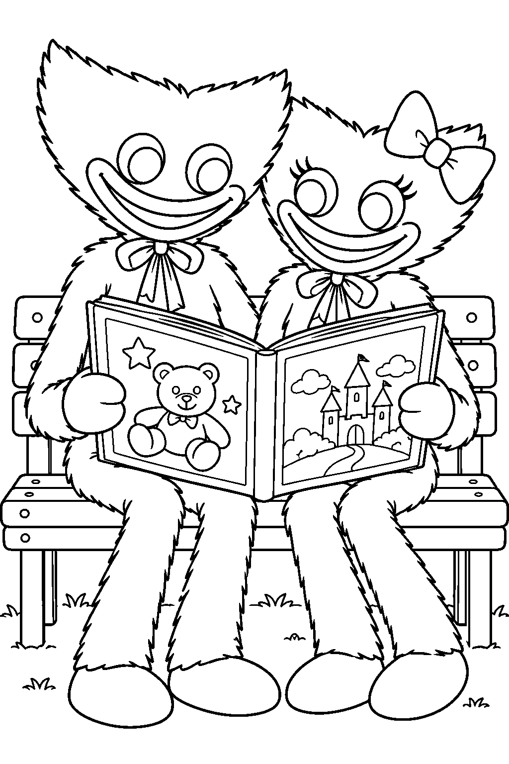 huggy wuggy and kissy missy reading a storybook together line art