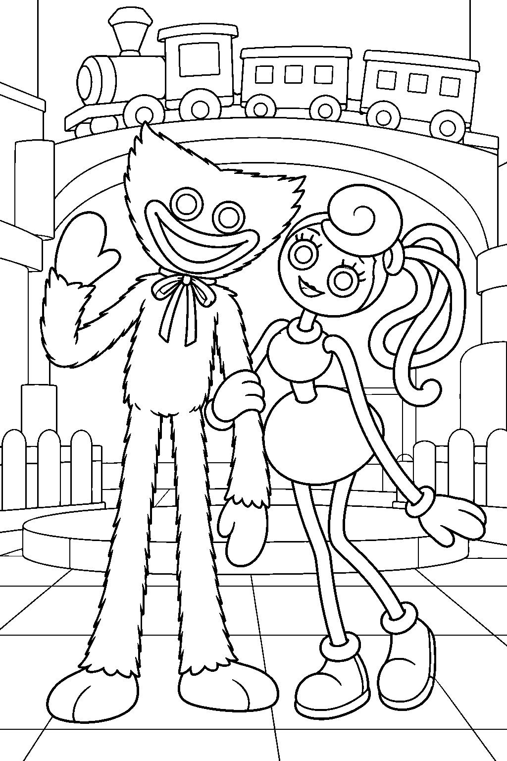 huggy wuggy and mommy long legs at the game station line art