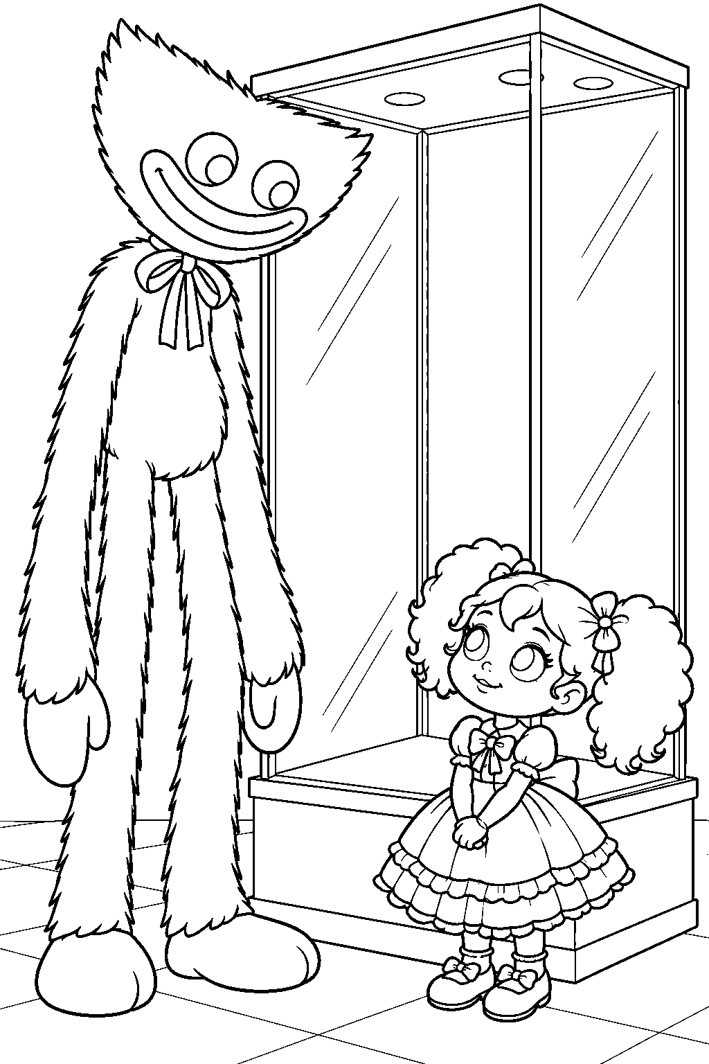 huggy wuggy and poppy beside poppy s glass display case line art