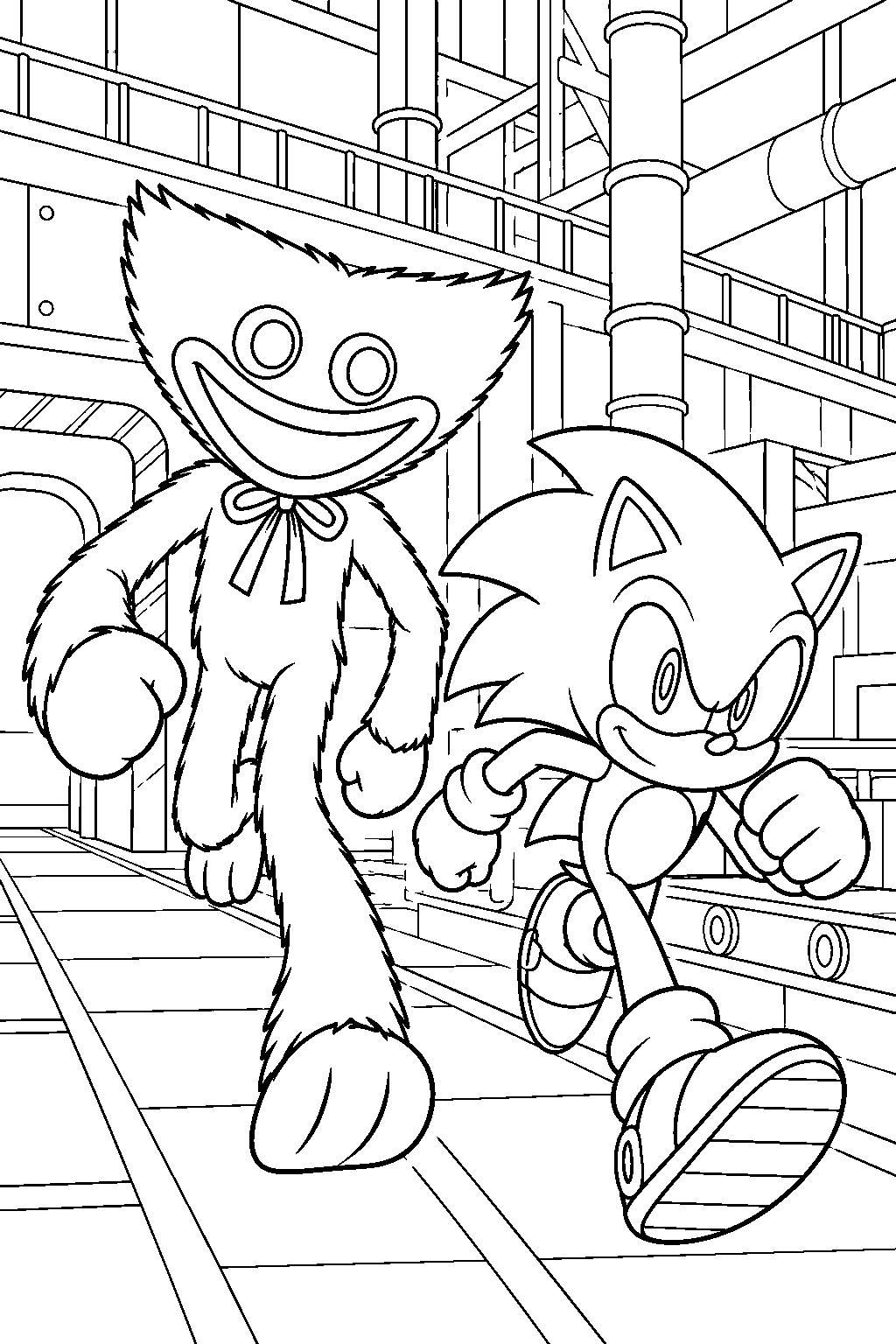 huggy wuggy and sonic racing through the factory line art