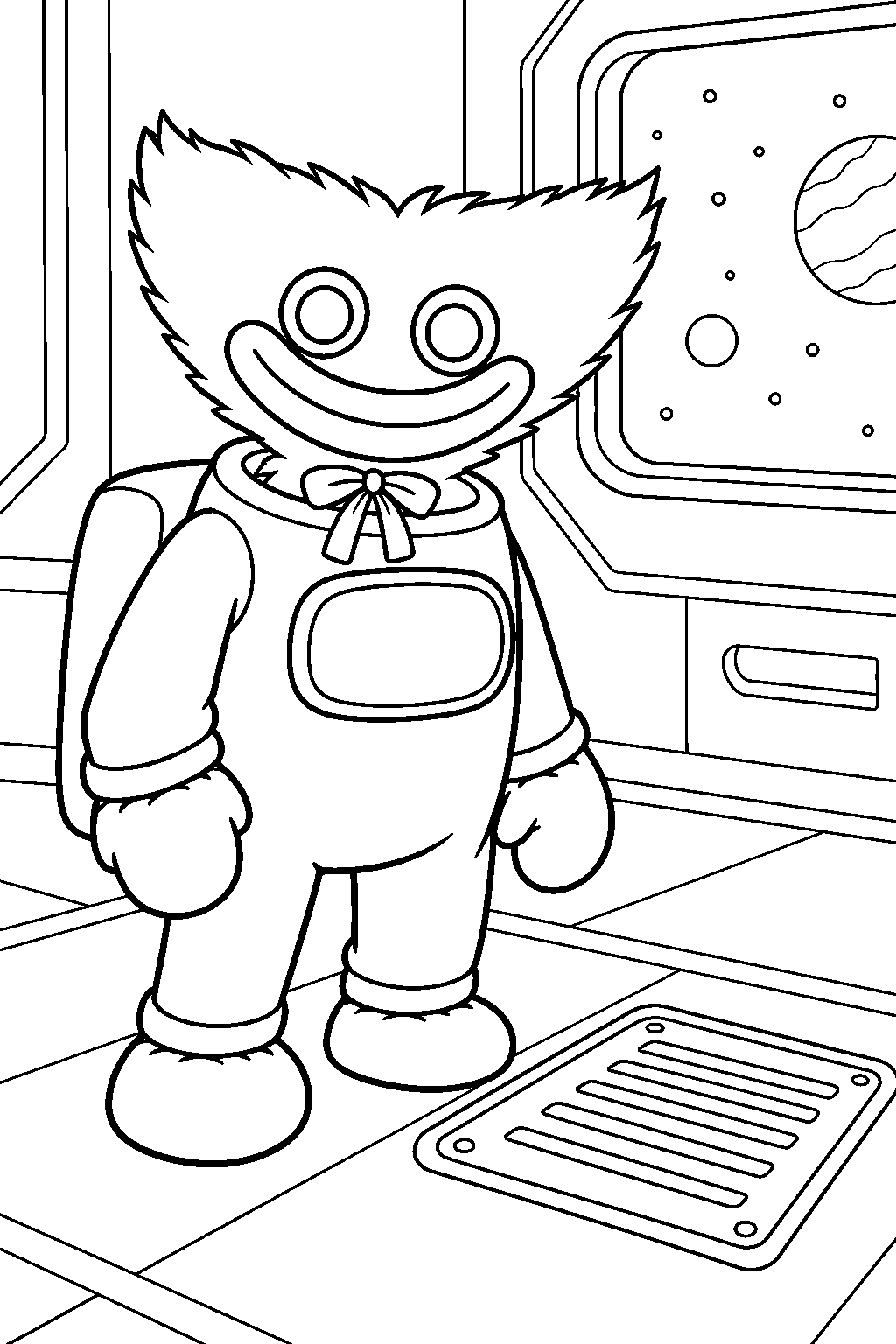 huggy wuggy as an among us crewmate beside a spaceship vent line art