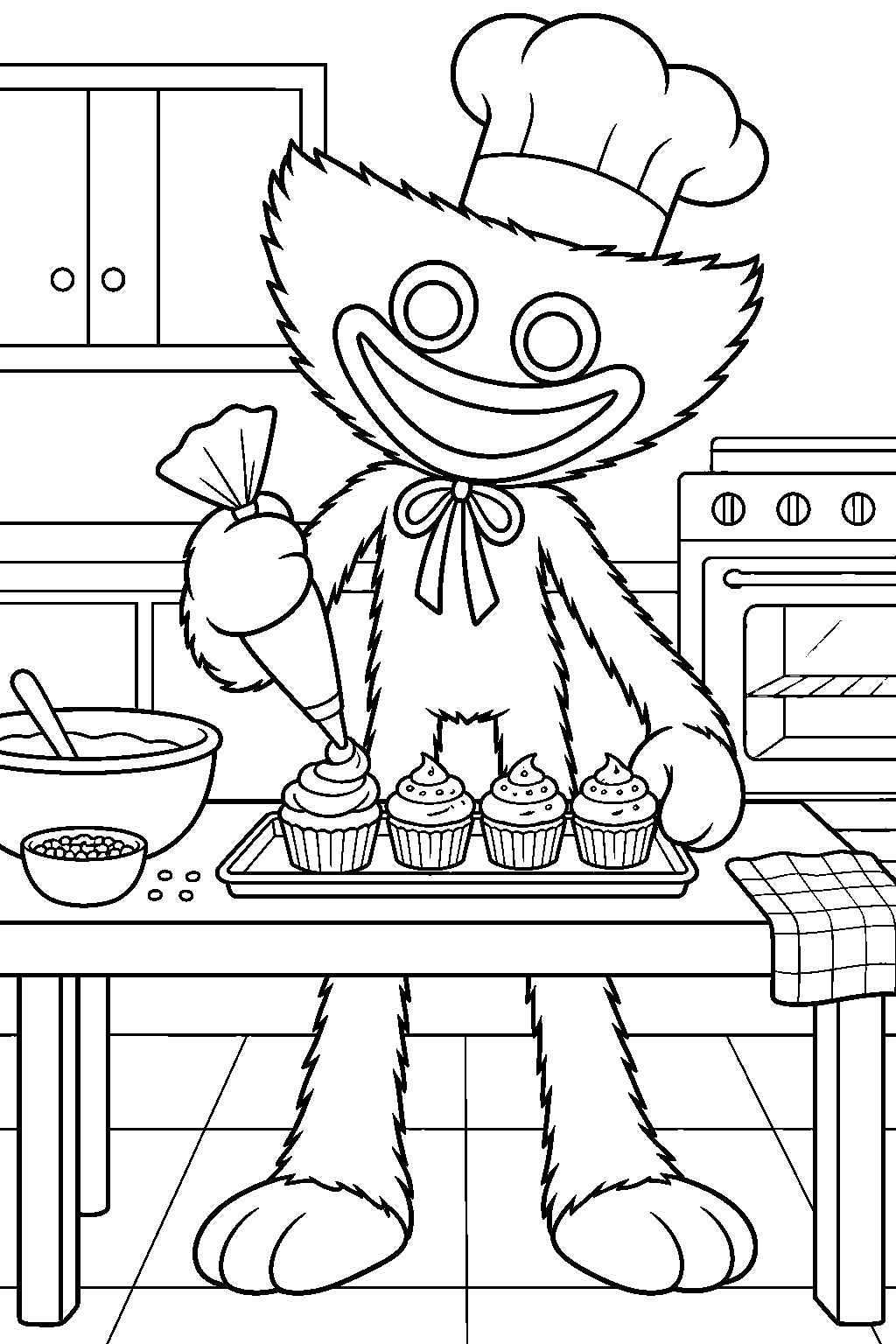 huggy wuggy baking cupcakes in a chef hat line art