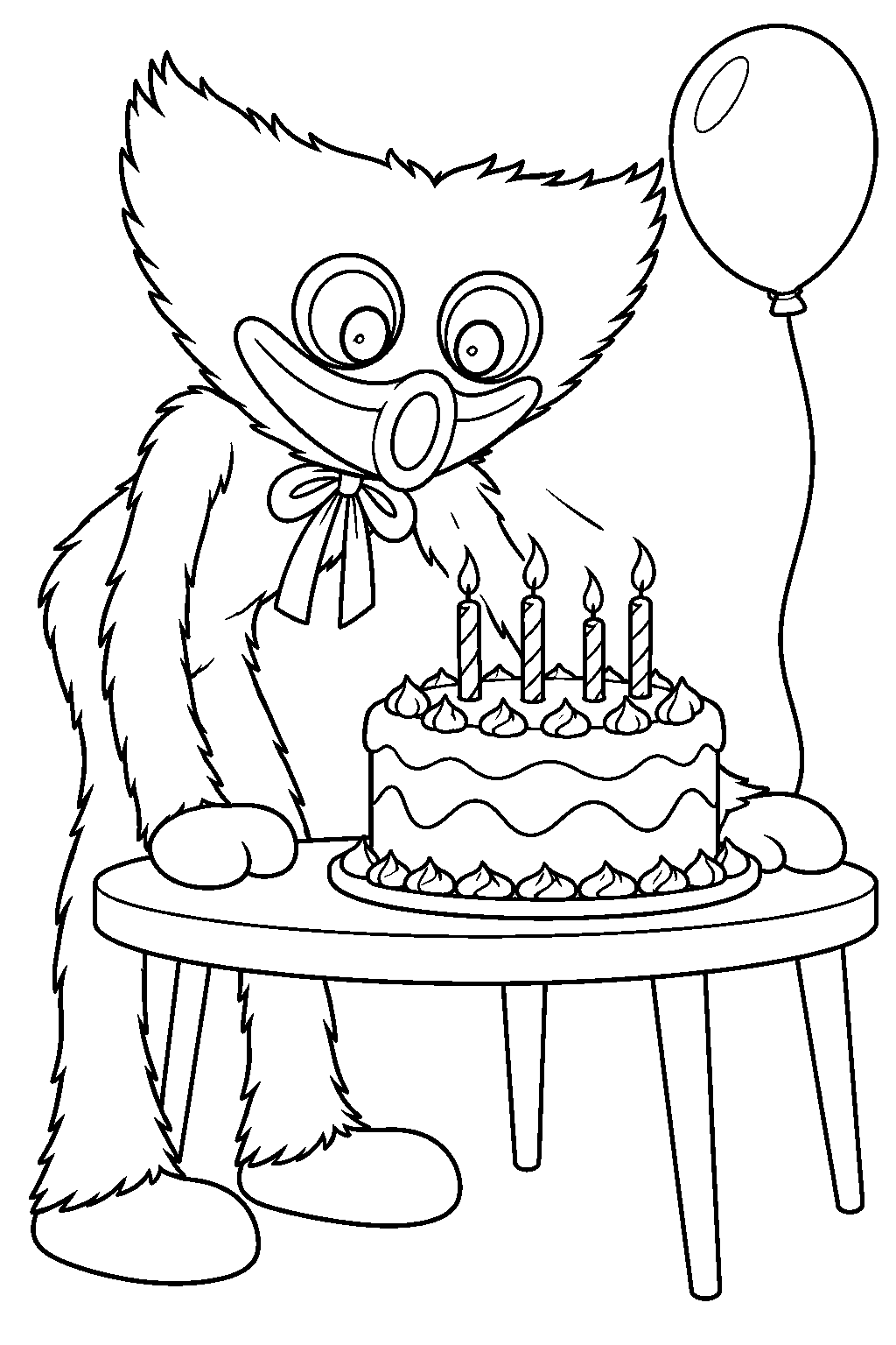 huggy wuggy blowing out candles on a birthday cake line art