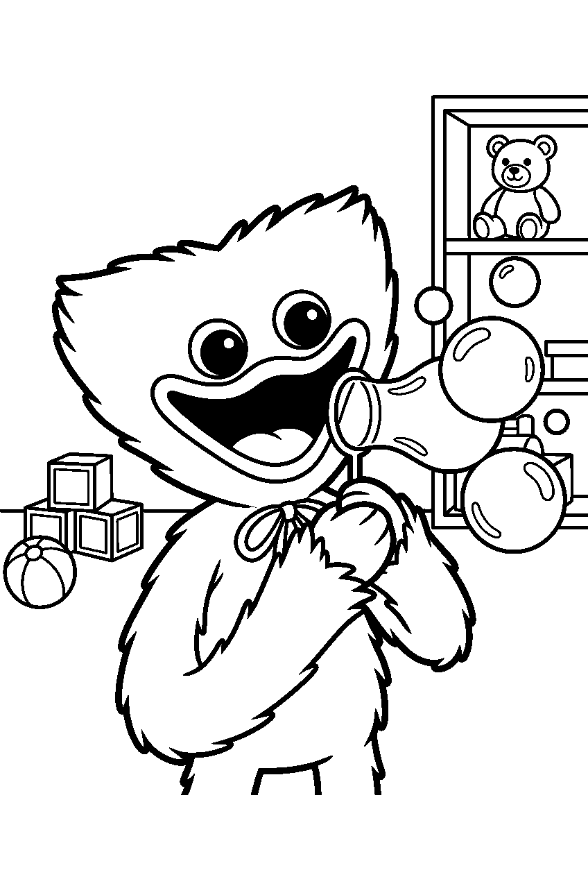 huggy wuggy blowing soap bubbles in the playroom line art