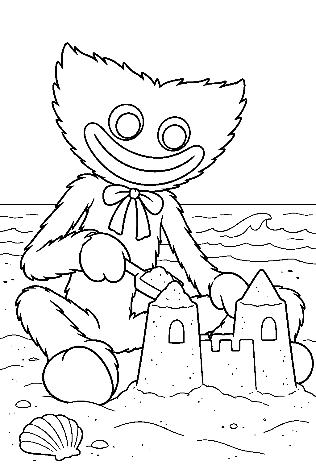 huggy wuggy building a sandcastle at the beach line art