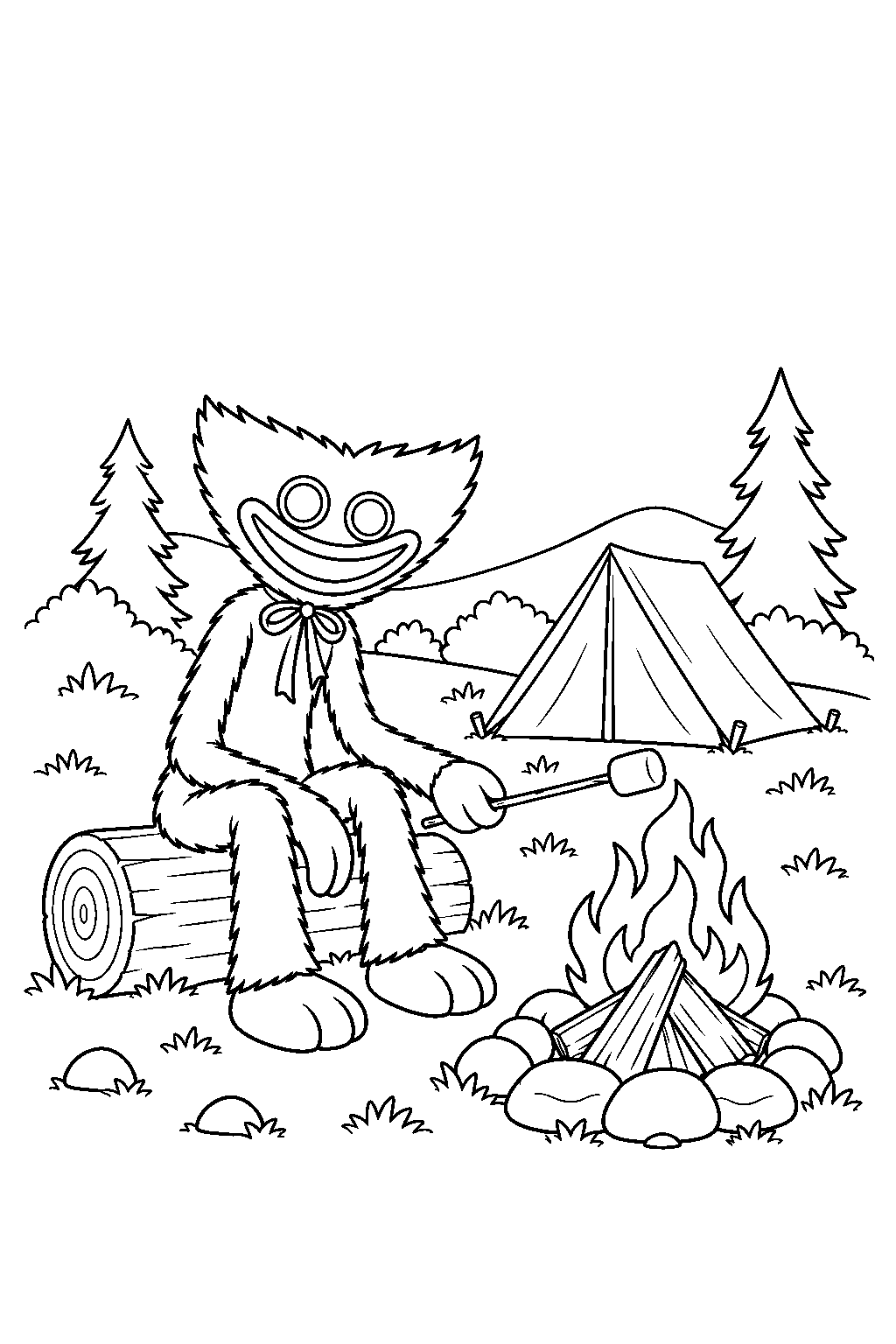 huggy wuggy camping beside a tent and campfire line art
